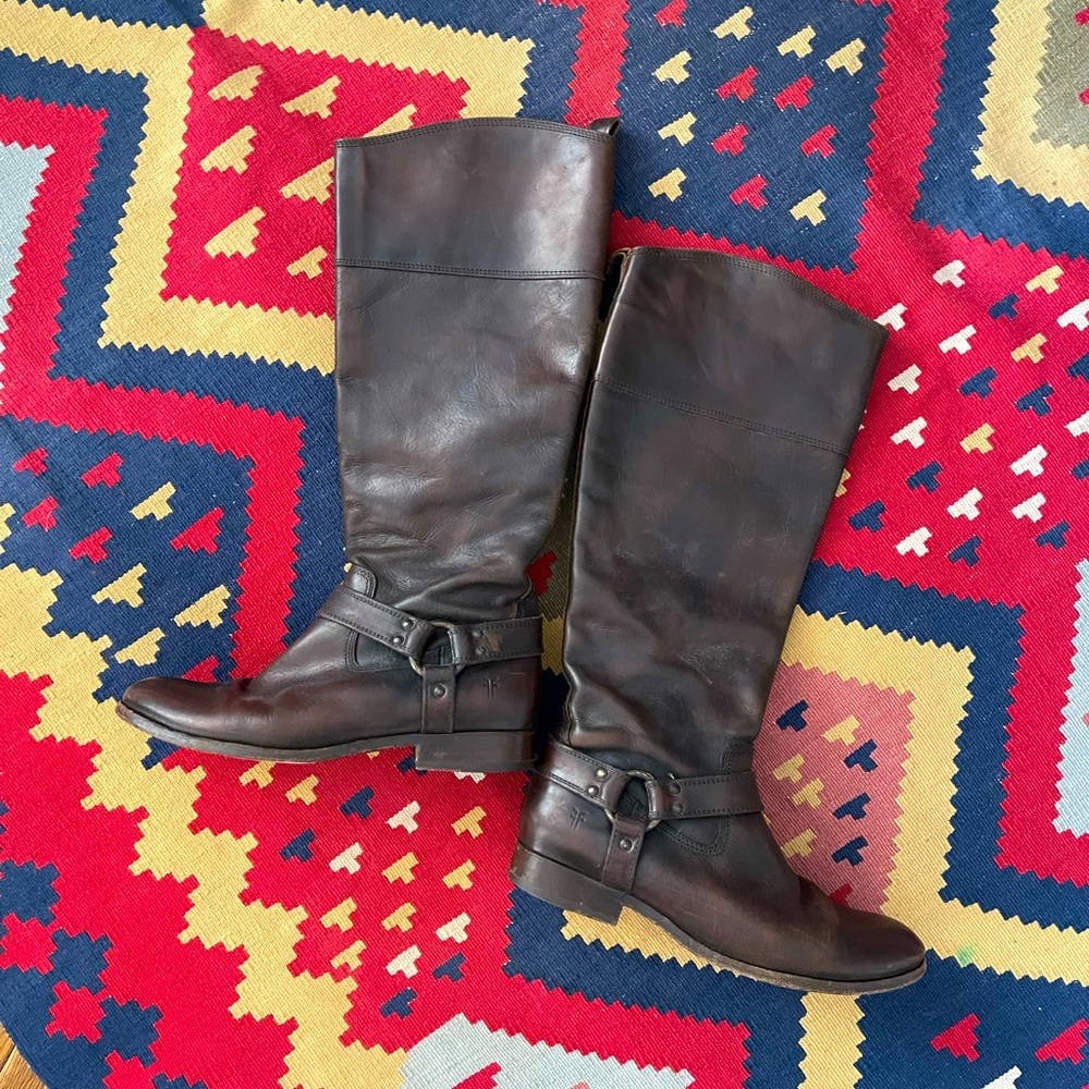 Frye Melissa Harness Boots Tall Dark Brown Moto